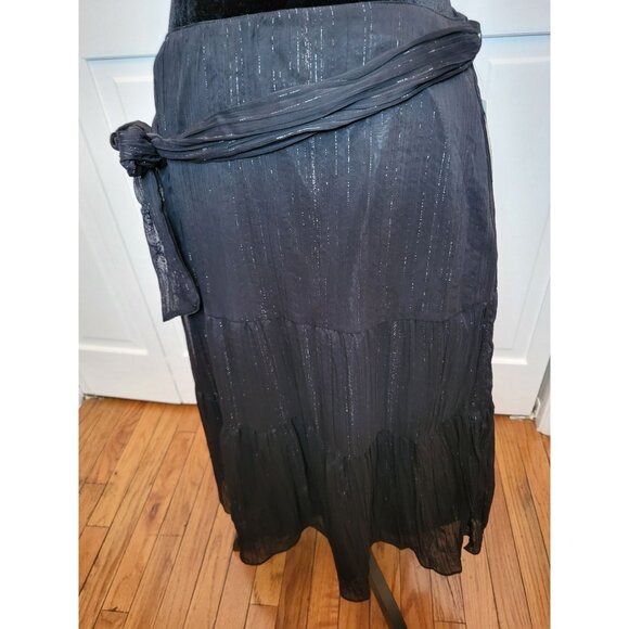 NWT Black Metallic Stripe Sheer Tiered Midi Skirt 10P Boho Fairy Whimsygoth Goth - Picture 1 of 8
